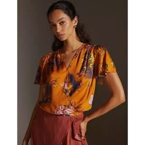Anthropologie Tiny Venus Floral Print Knit Wrap Top Orange Womens Small
